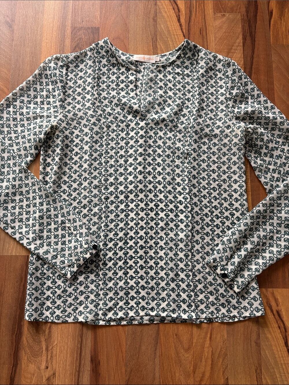 Tory Burch Woman’s Cream Long-Sleeve Top with Teal Geometric Print Size 4